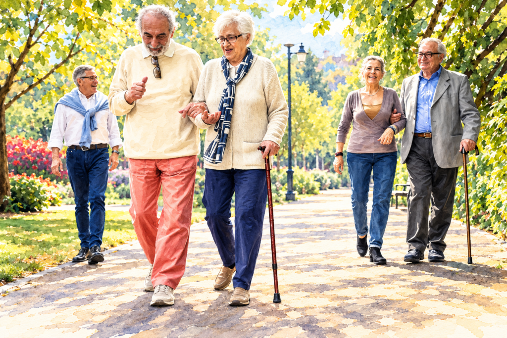 Watercolor illustration of five older adults enjoying a sunny park walk, including two seniors using walking canes for balance and support.