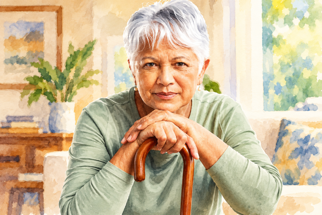 Senior woman with short silver hair resting her hands on the curved handle of a wooden walking cane while sitting comfortably at home.