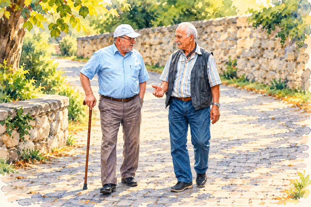 Two elderly men enjoying a friendly conversation while walking along a stone pathway, with one using a wooden walking cane for support.