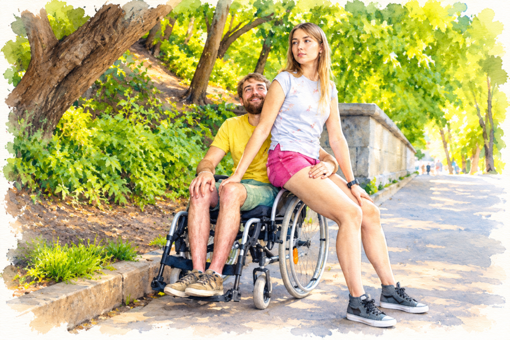 Watercolor illustration of a smiling man in a manual wheelchair with a young woman sitting beside him on a sunny, tree-lined park pathway.