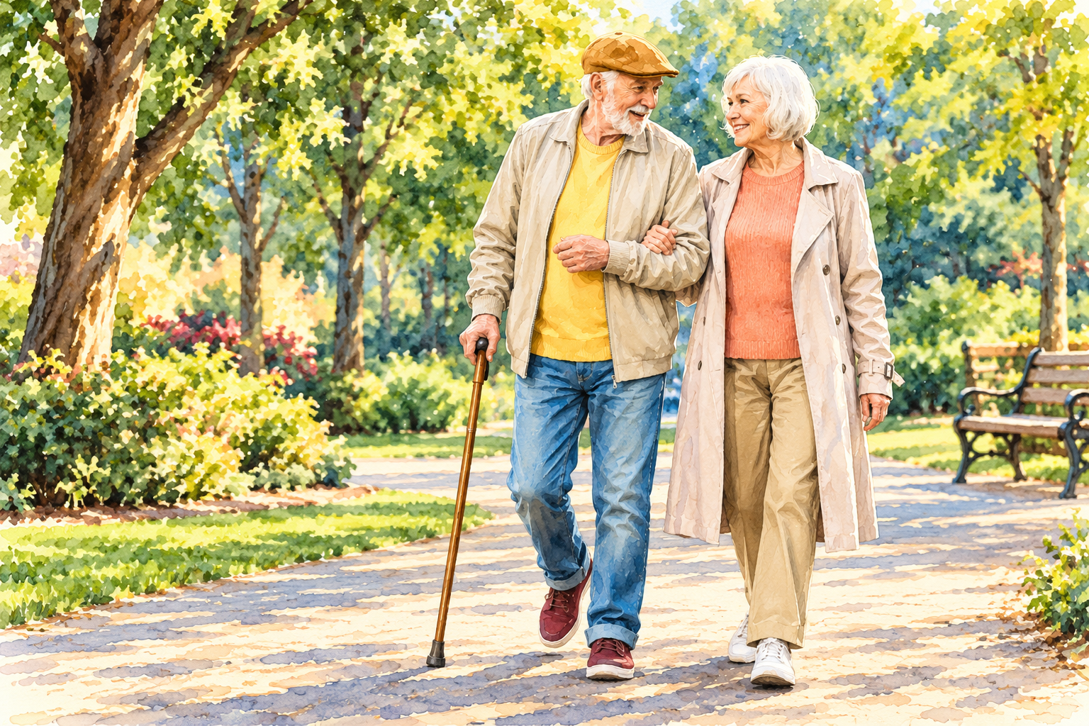 Watercolor illustration of a smiling senior couple walking arm in arm along a park pathway, with the elderly man using a wooden walking cane for balance and support.