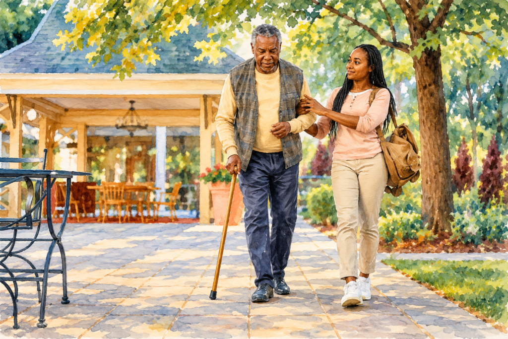 Older man walking outdoors with a cane while a younger woman gently supports his arm along a paved garden walkway.