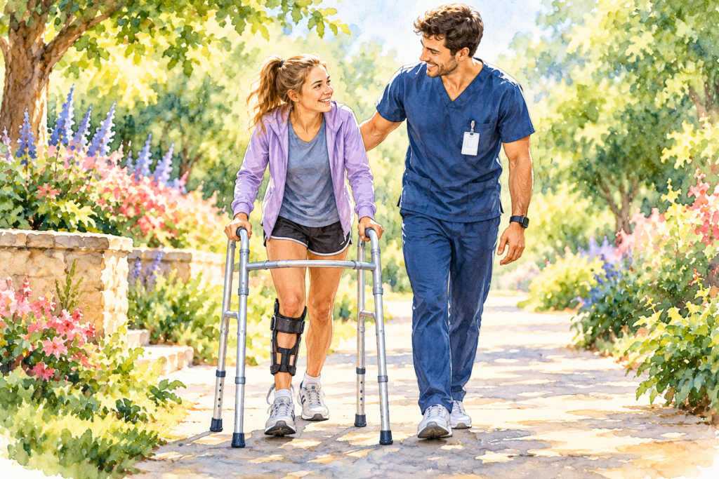 Young woman wearing a leg brace uses a standard walker while a male physical therapist assists her on a sunny garden pathway.