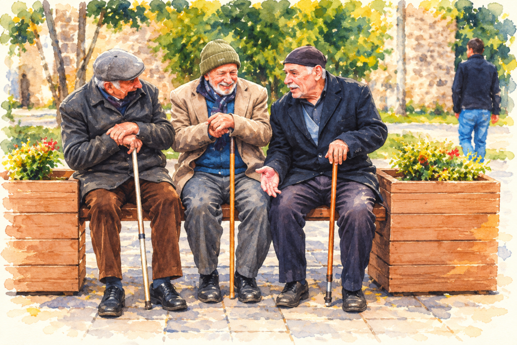 Walking Canes For Men- Three smiling senior men sitting together on an outdoor bench, holding walking canes and enjoying a friendly conversation.