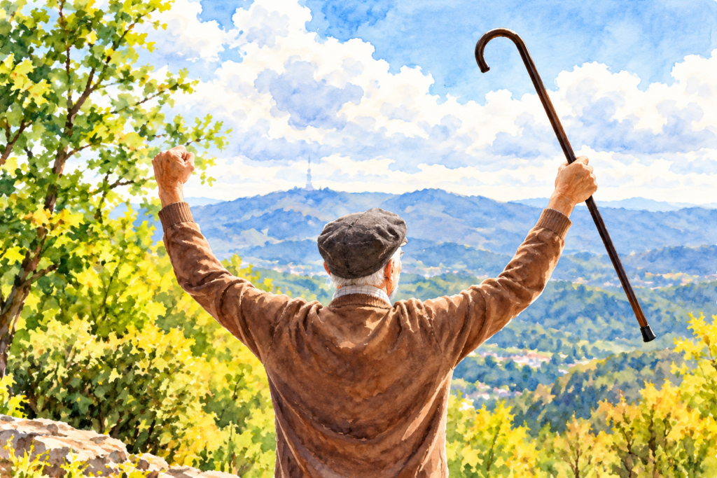 Watercolor illustration of an older man raising his walking cane triumphantly while enjoying a beautiful mountain view outdoors.