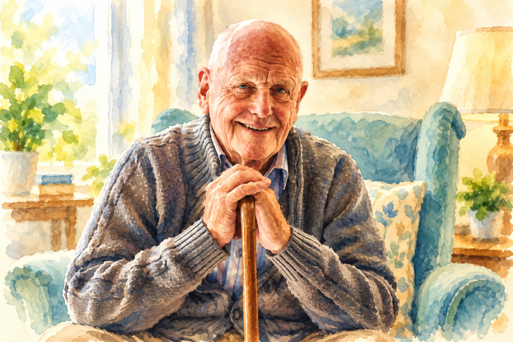 Smiling elderly man sitting comfortably in a blue armchair with his hands resting on a wooden walking cane in a bright, cozy living room.