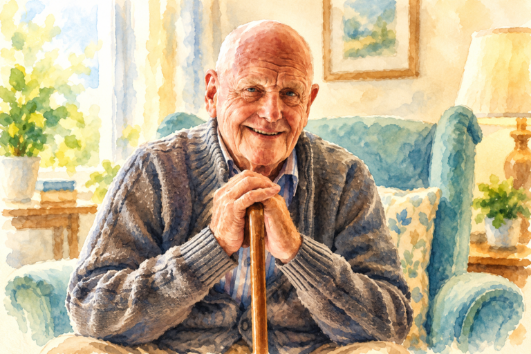 Smiling elderly man sitting comfortably in a blue armchair with his hands resting on a wooden walking cane in a bright, cozy living room.