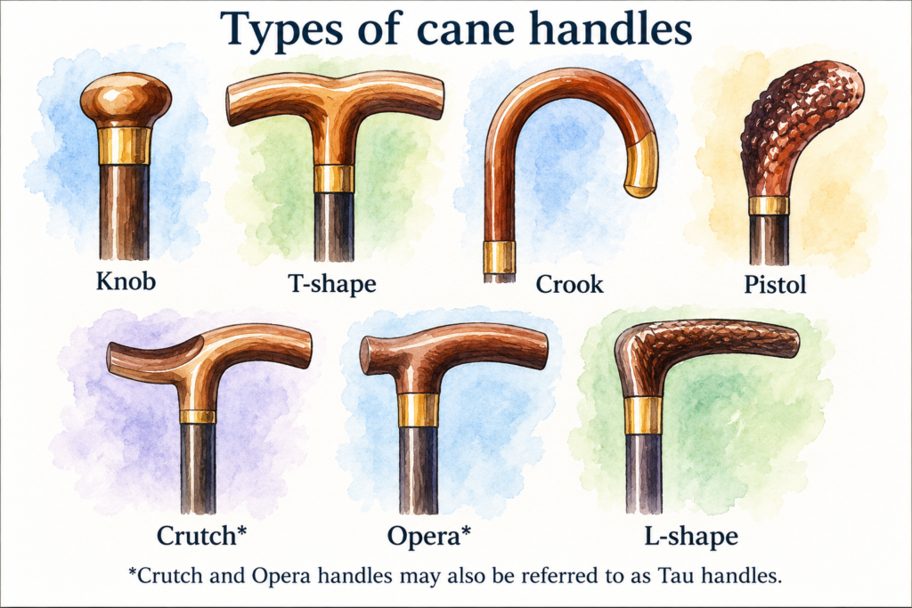 Watercolor comparison chart showing seven types of walking cane handles: knob, T-shape, crook, pistol, crutch, opera, and L-shape.