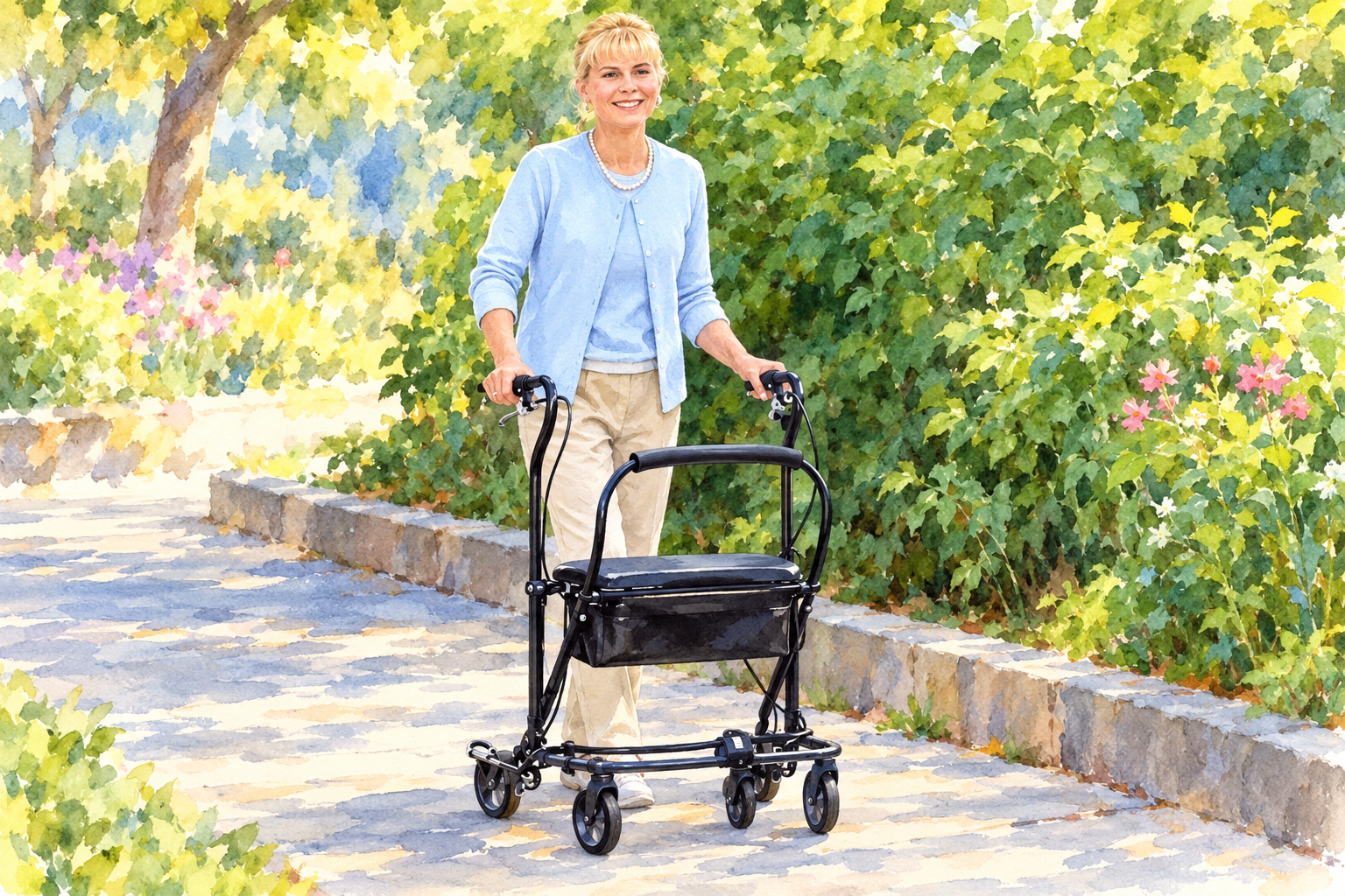 Woman using a U-Step-style neurological walker on a garden pathway, illustrated in a soft impressionist watercolor style.