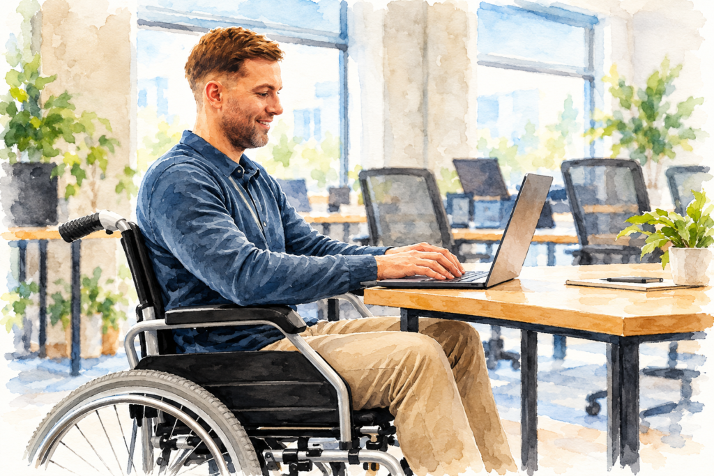 Best Ergonomic Wheelchairs- Watercolor illustration of a man sitting comfortably in a manual wheelchair while working on a laptop at an office desk.