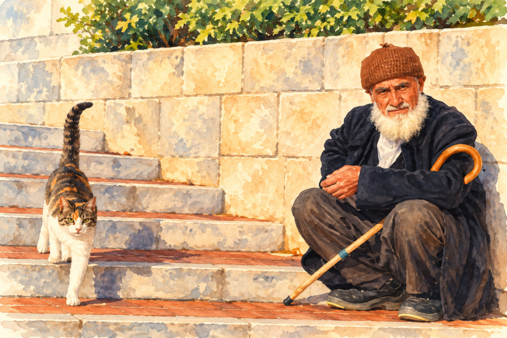 How to Use a Cane Correctly: Which Side, Height & Stairs. Elderly man with a white beard sitting on outdoor stone steps with a wooden walking cane while a colorful cat walks beside him.
